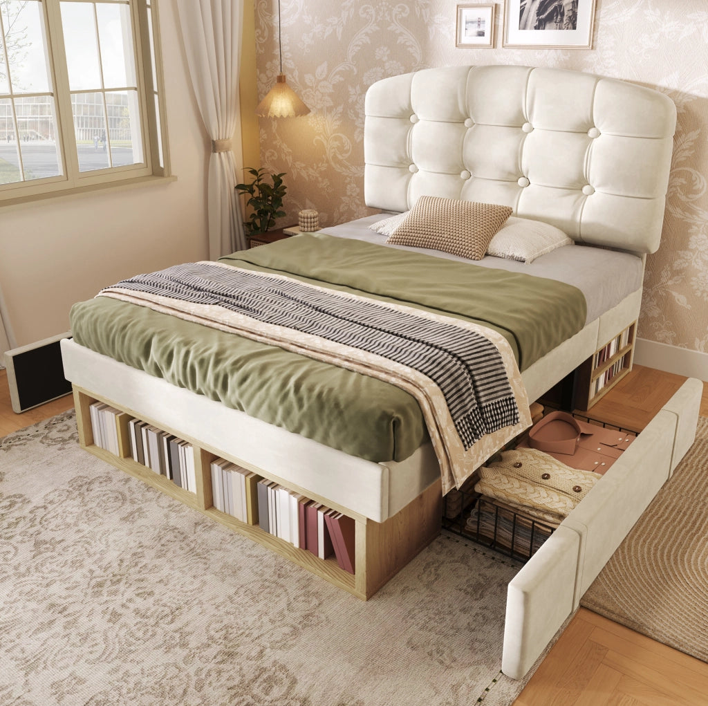 Letto singolo 90x200 cm con testiera regolabile; cassetti e vani; velluto beige