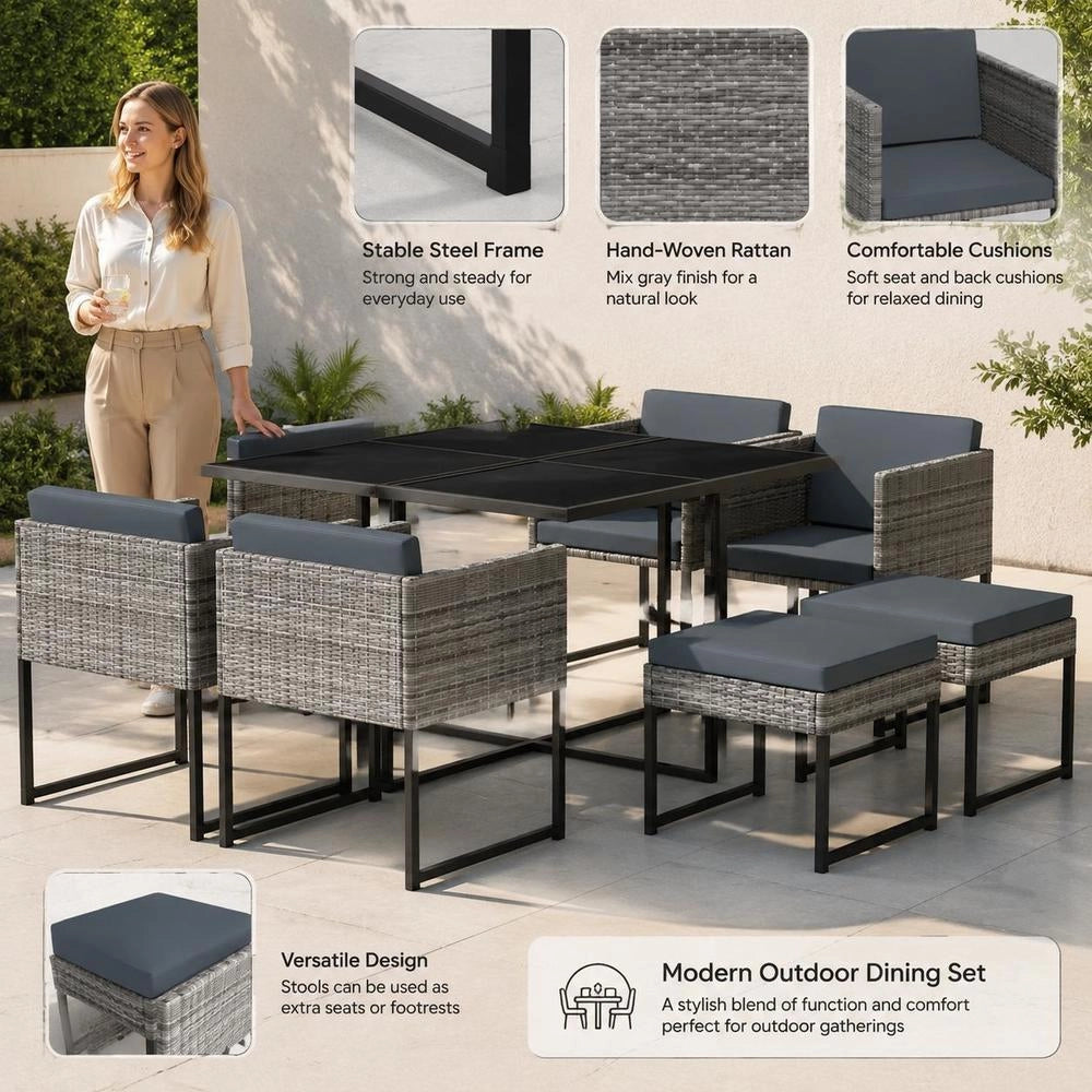 9-piece Garden Dining Set With Cushions, Poly Rattan, Grey