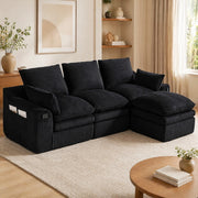 Divano modulare 263x167x85 cm in velluto a coste nero con tasche laterali e cuscini