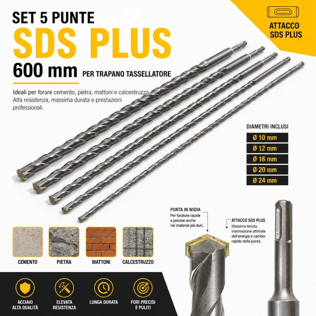 Set 5 Punte SDS Plus per Trapano 600 mm Ø10-12-16-20-24 per Cemento Pietra
