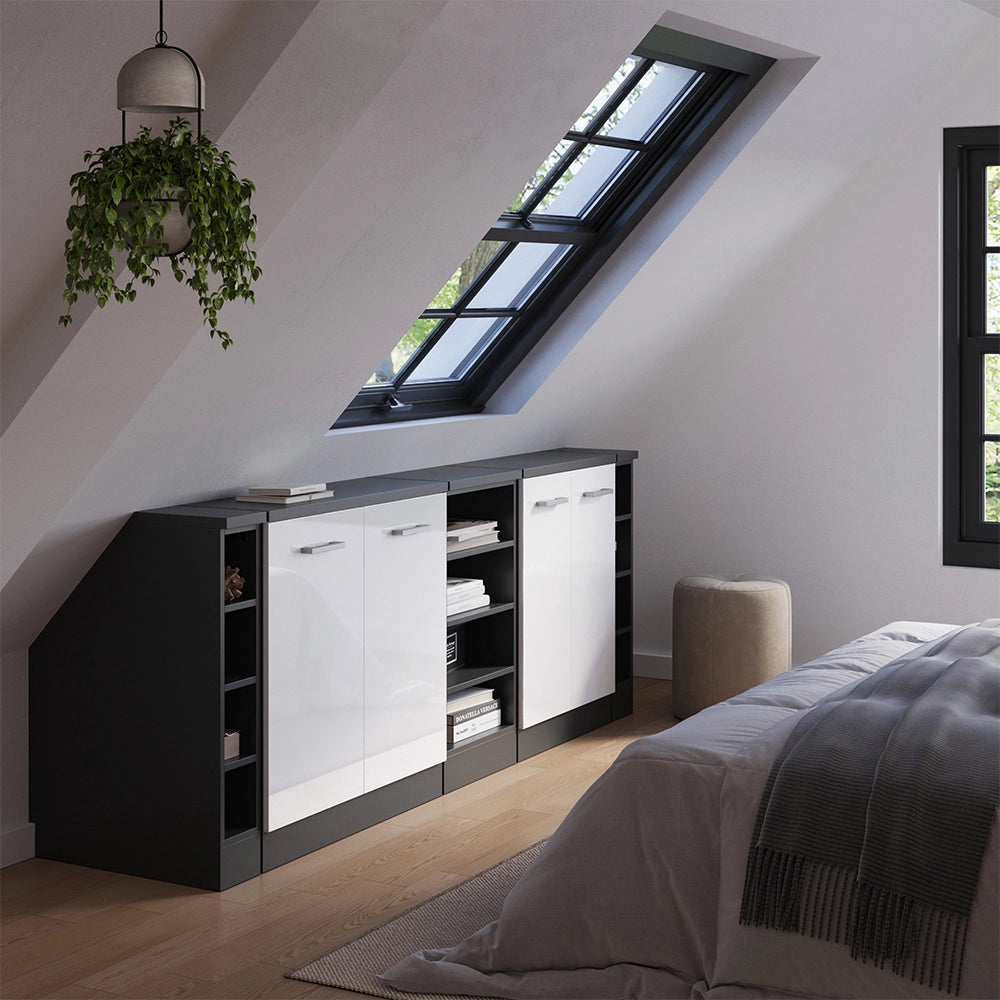 Set di mobili sottotetto Rion Bianco lucido/Antracite 210 cm Set di 5 carcasse armadio profondità 60 cm Vicco