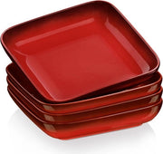 Set di Piatti a Cassetta - 4 Piatti in Ceramica 1050 ml - Piatti Quadrati per Pasta - Colorazione Rossa - 21x21x4 cm Set di Piatti