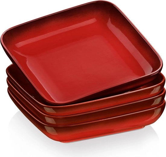 Set di Piatti a Cassetta - 4 Piatti in Ceramica 1050 ml - Piatti Quadrati per Pasta - Colorazione Rossa - 21x21x4 cm Set di Piatti