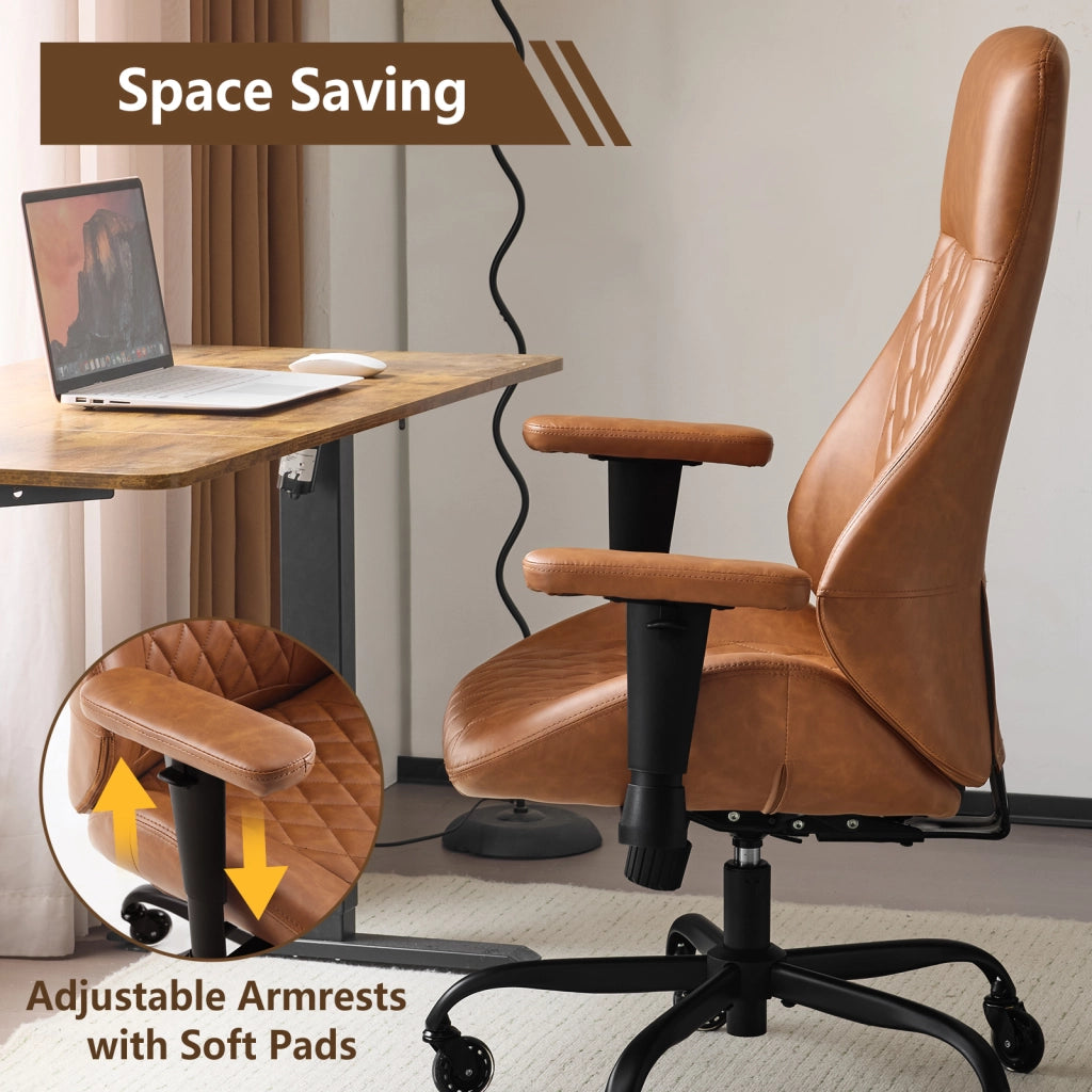 Sedia da ufficio ergonomica con altezza regolabile e braccioli regolabili in pelle marrone girevole 56 × 32 × 77 cm