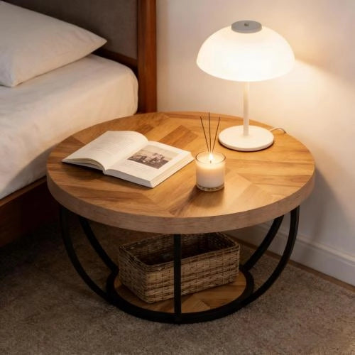 Tavolino da salotto rotondo con 2 ripiani e struttura in metallo; design minimalista; in legno e metallo