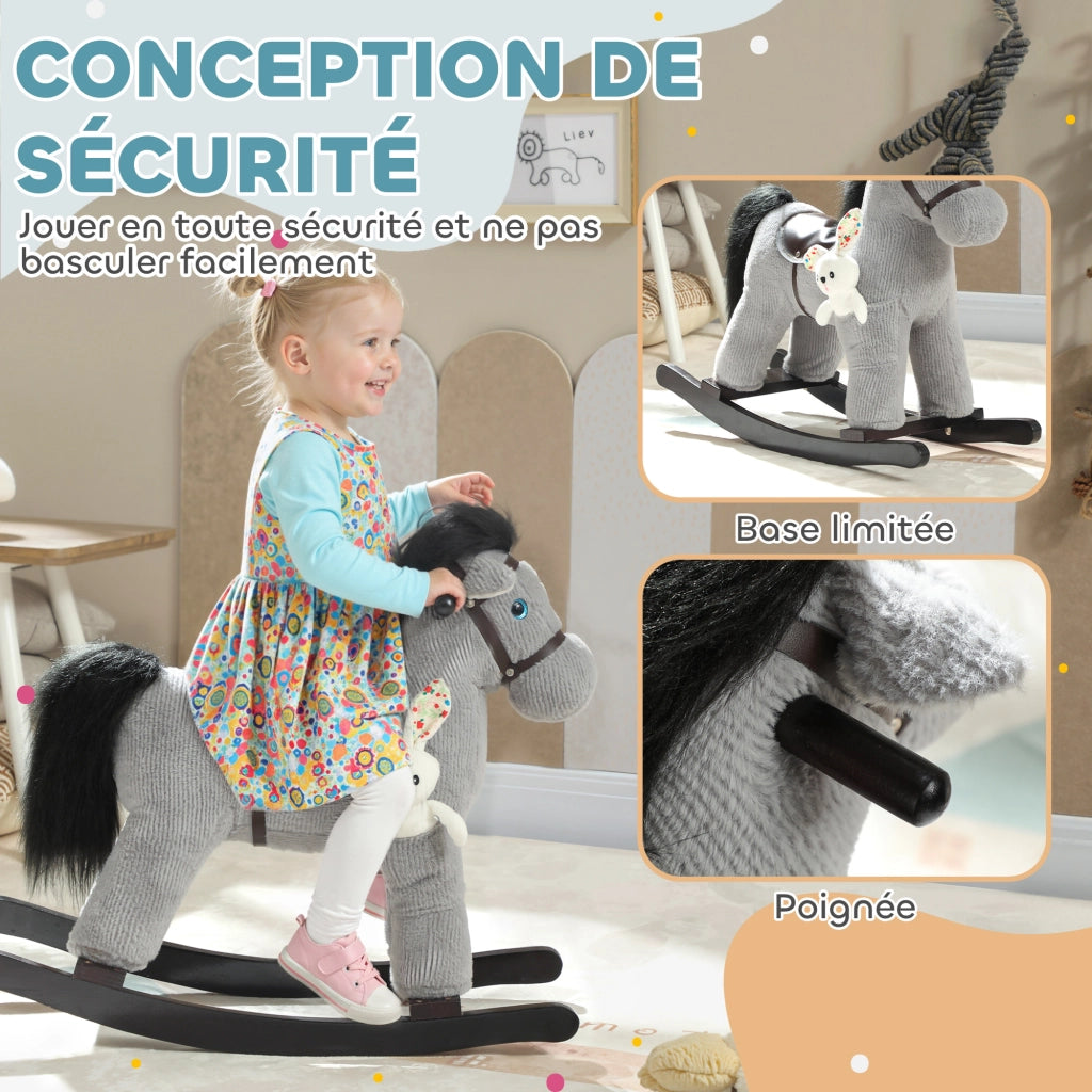 Cavallo a Dondolo in Peluche per Bambini con Suono e Bambola ¨C zephmum ¨C Grigio 71x26x55 cm