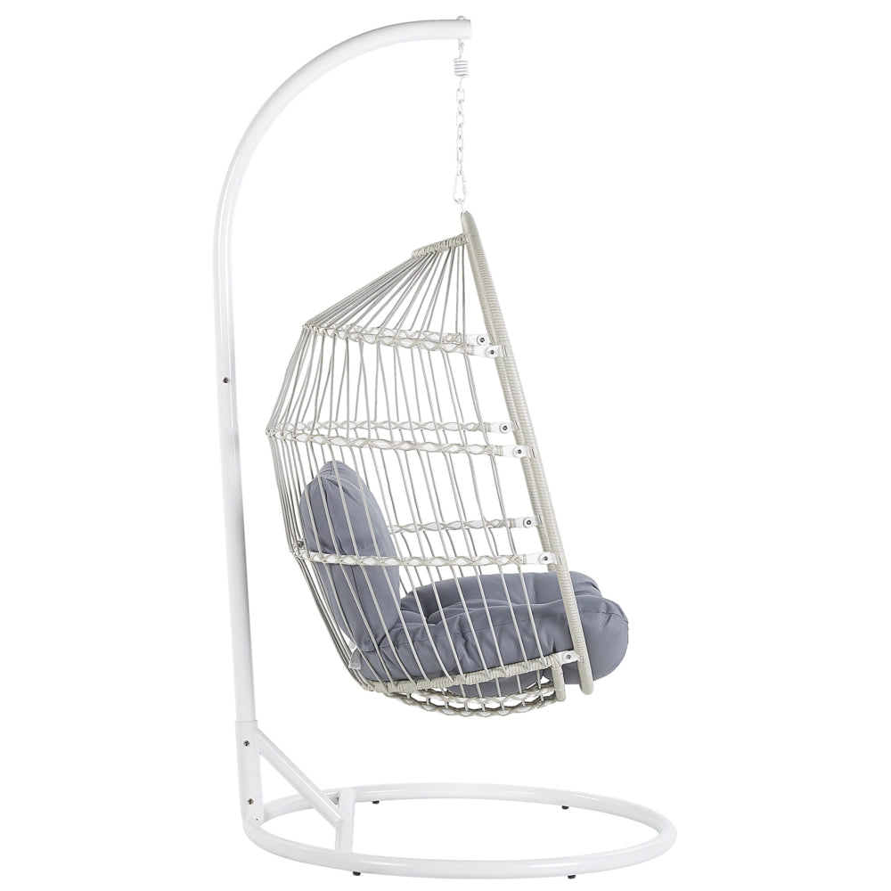 Poltrona Sospesa con Cesta in Corda di Poliestere Beige per Interno ed Esterno Boho