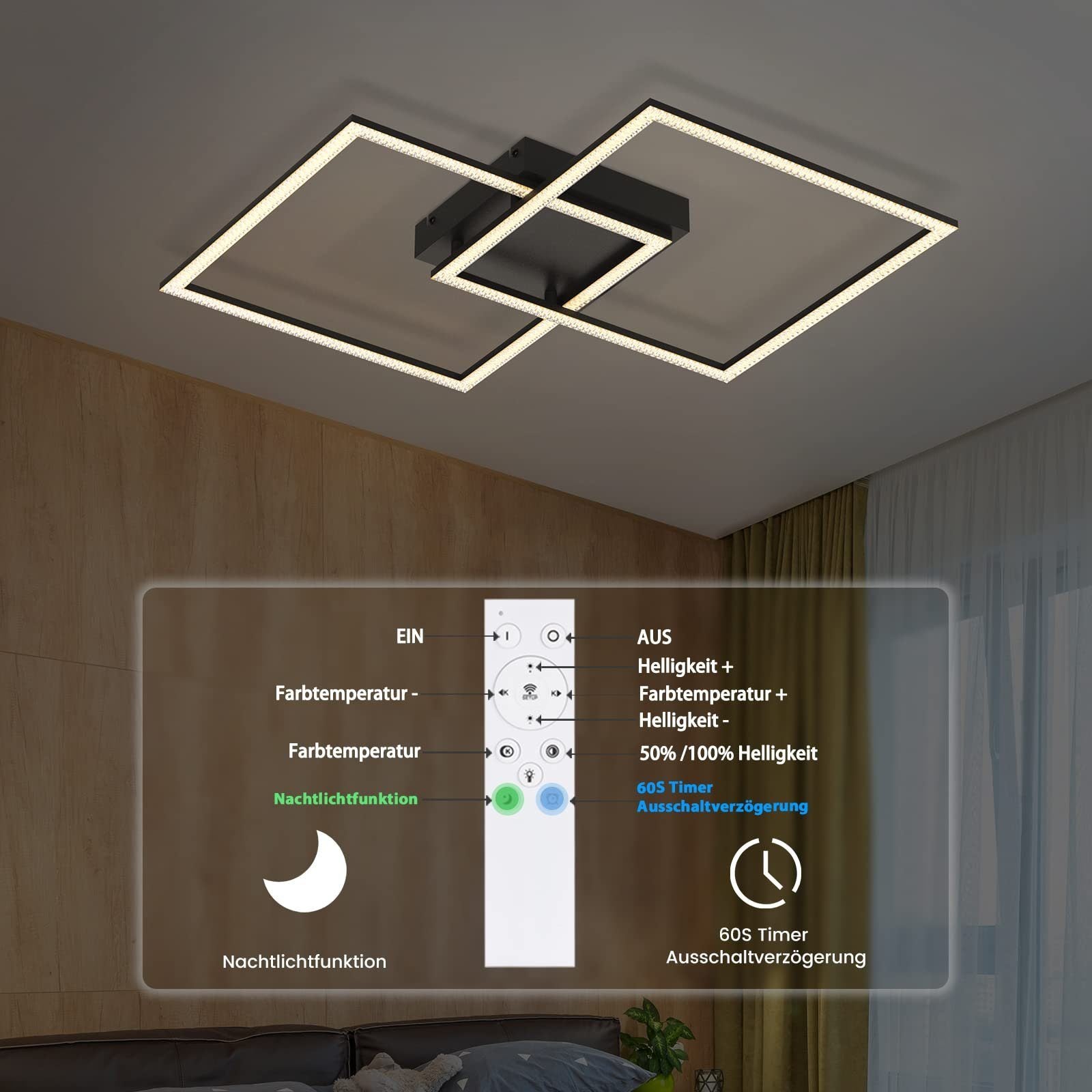 ZMH Lampada da soffitto moderna a LED in cristallo quadrato 2 luci dimmerabili con telecomando 52 W