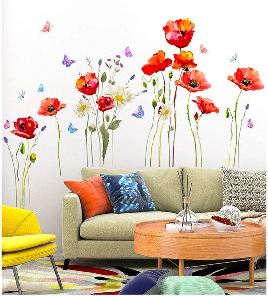 Decorazione per parete con fiori di giardino, sticker per parete con fiori, piante e farfalle, decorazione per parete per soggiorno, camera da letto, retro del divano.