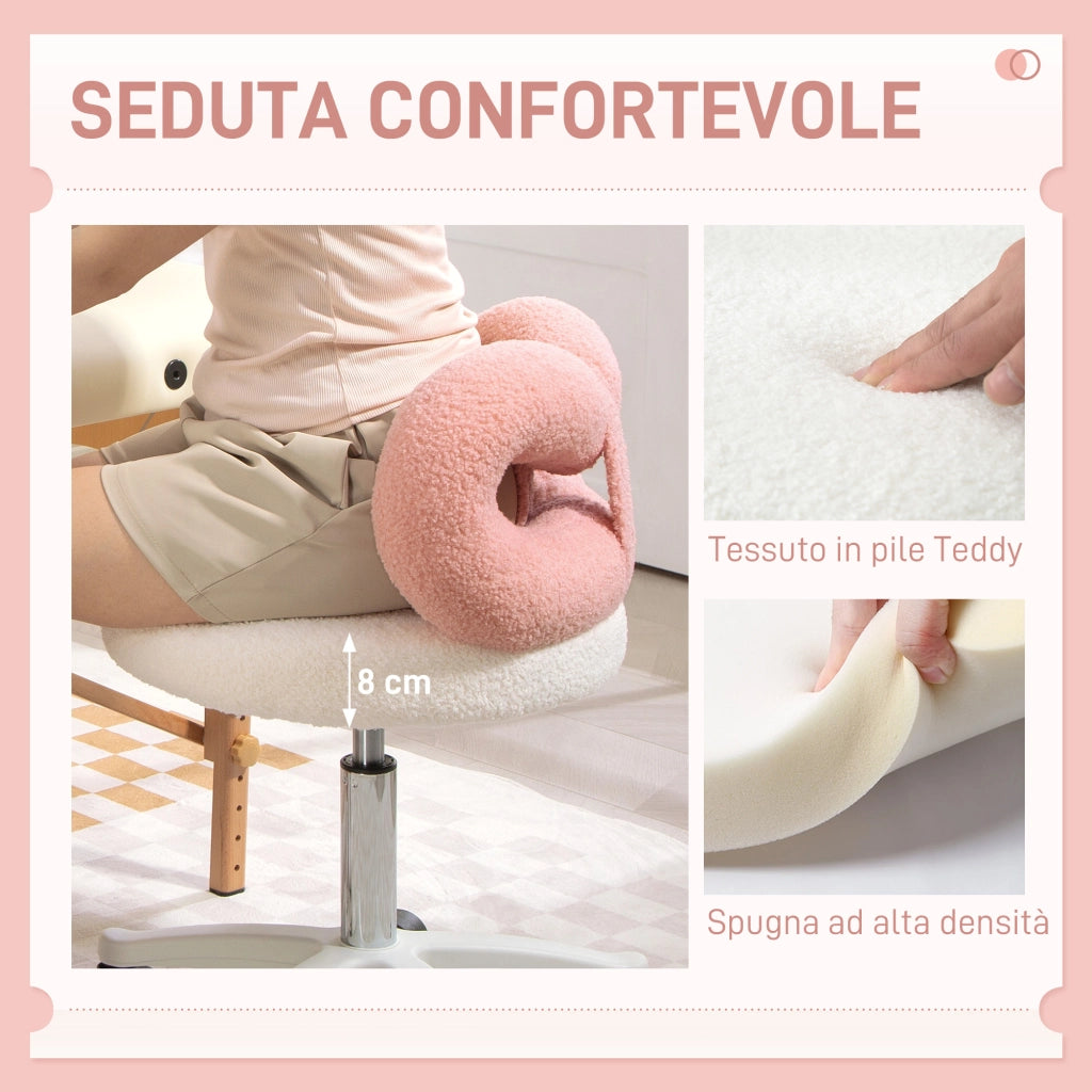 Sgabello Girevole con Schienale a Forma di Fiocco 50x50x63-77 cm in Tessuto Teddy Rosa e Bianco