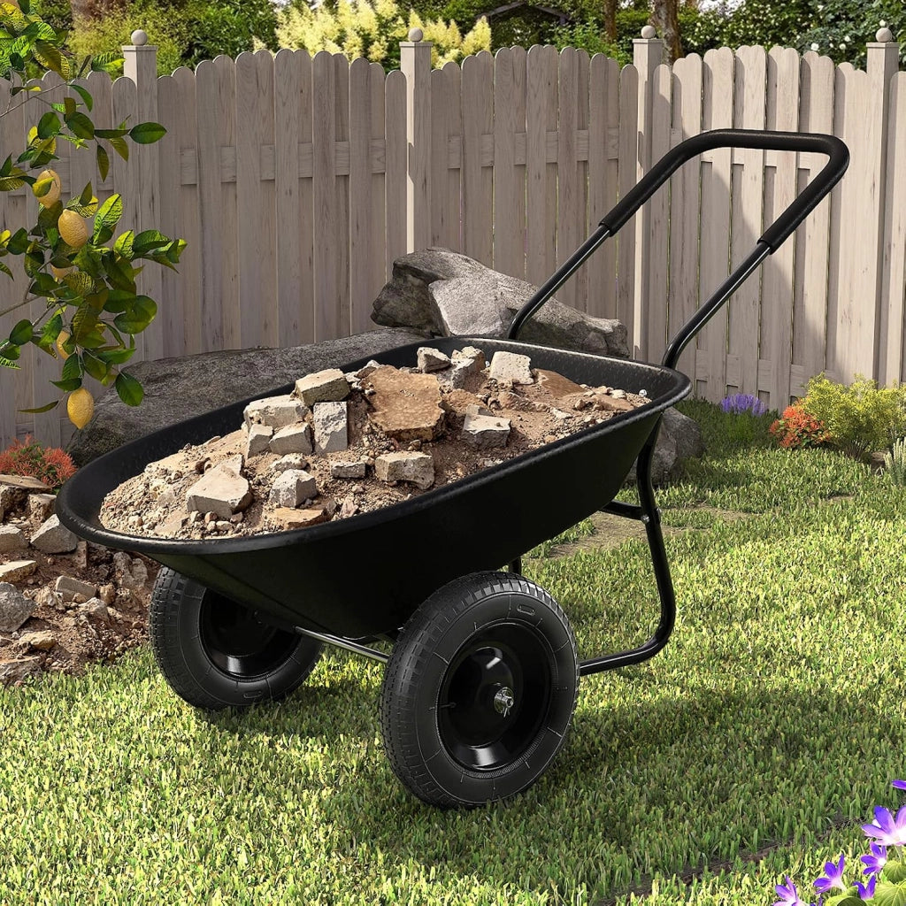 Carriola con 2 Ruote da Giardino, Carrello Resistente con Struttura in Acciaio Robusto, Ruote Pneumatiche 35,5 cm, Capacità 75L, Portata Max 100 kg (Nero)