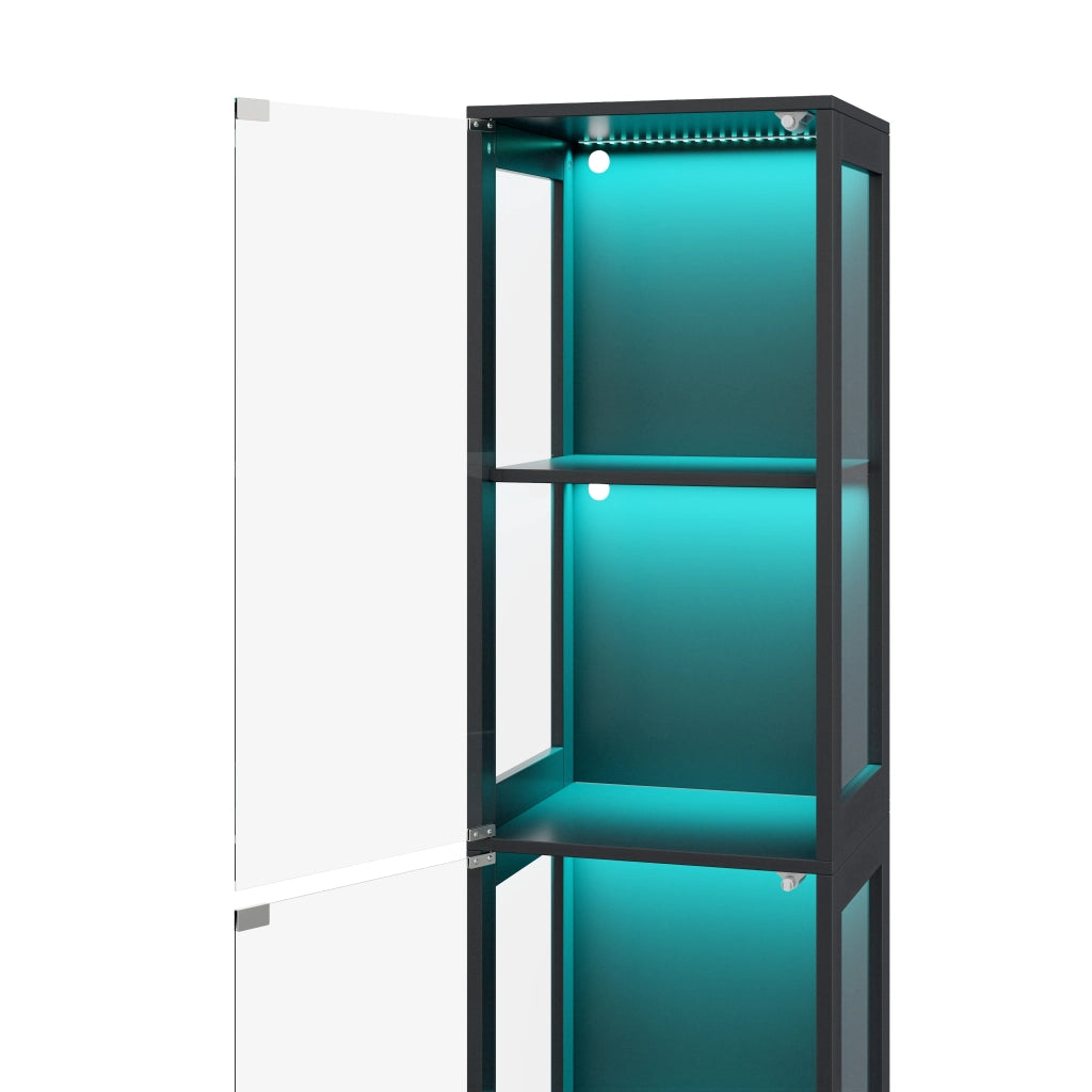 Vetrina Espositiva con LED ¨C MINIMAL ¨C Nero, Vetro Temperato, 4 Ripiani, 40x35x170