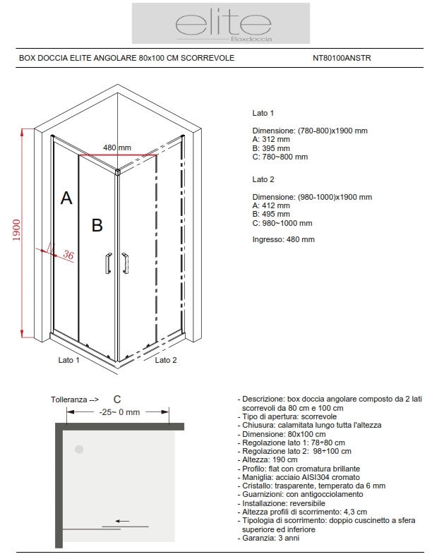 BOX DOCCIA ELITE ANGOLARE 80x100 CM SCORREVOLE OPACO