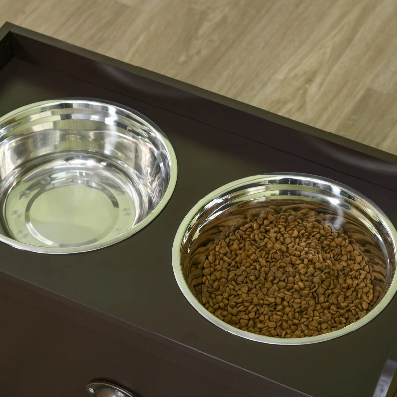 Futterstation rialzata per cani con 2 ciotole in acciaio inox e cassetto, 60 x 30 x 36 cm, marrone