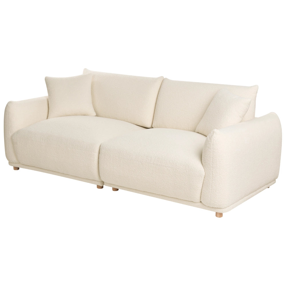 Set divano moderno a 5 posti in bouclè con cuscini decorativi e poltrone con gambe in legno bianco sporco stile moderno