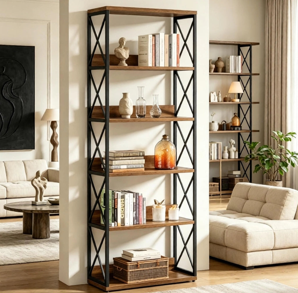 Libreria ULEVR 178 cm a 5 ripiani aperti, struttura in metallo e legno, nero e marrone