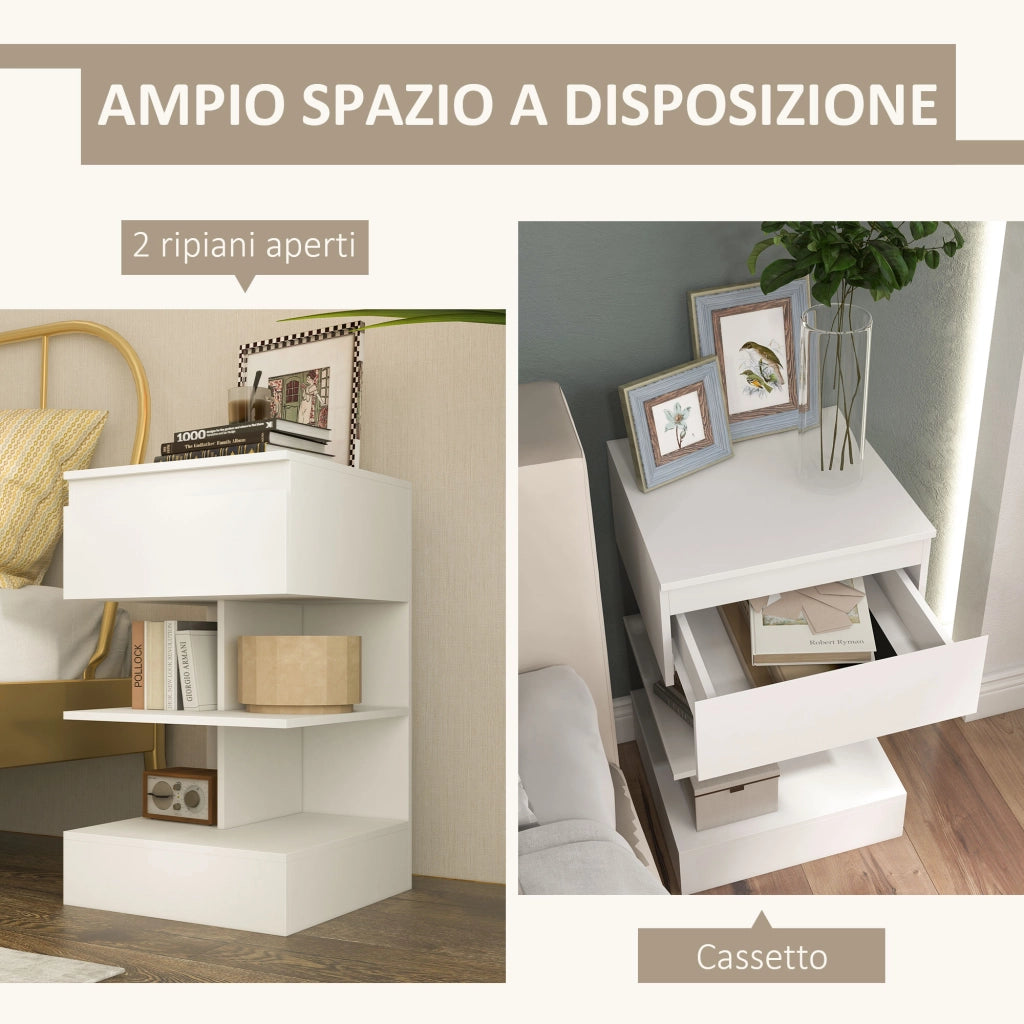 Comodino Moderno in Truciolato e MDF con un Cassetto e 2 Ripiani, 39x39x65 cm, Bianco