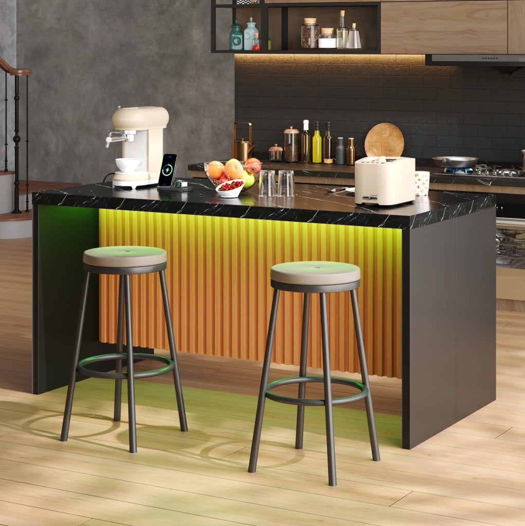 Isola cucina 155x80x90 cm effetto marmo nero con LED; prese elettriche e USB; in MDF