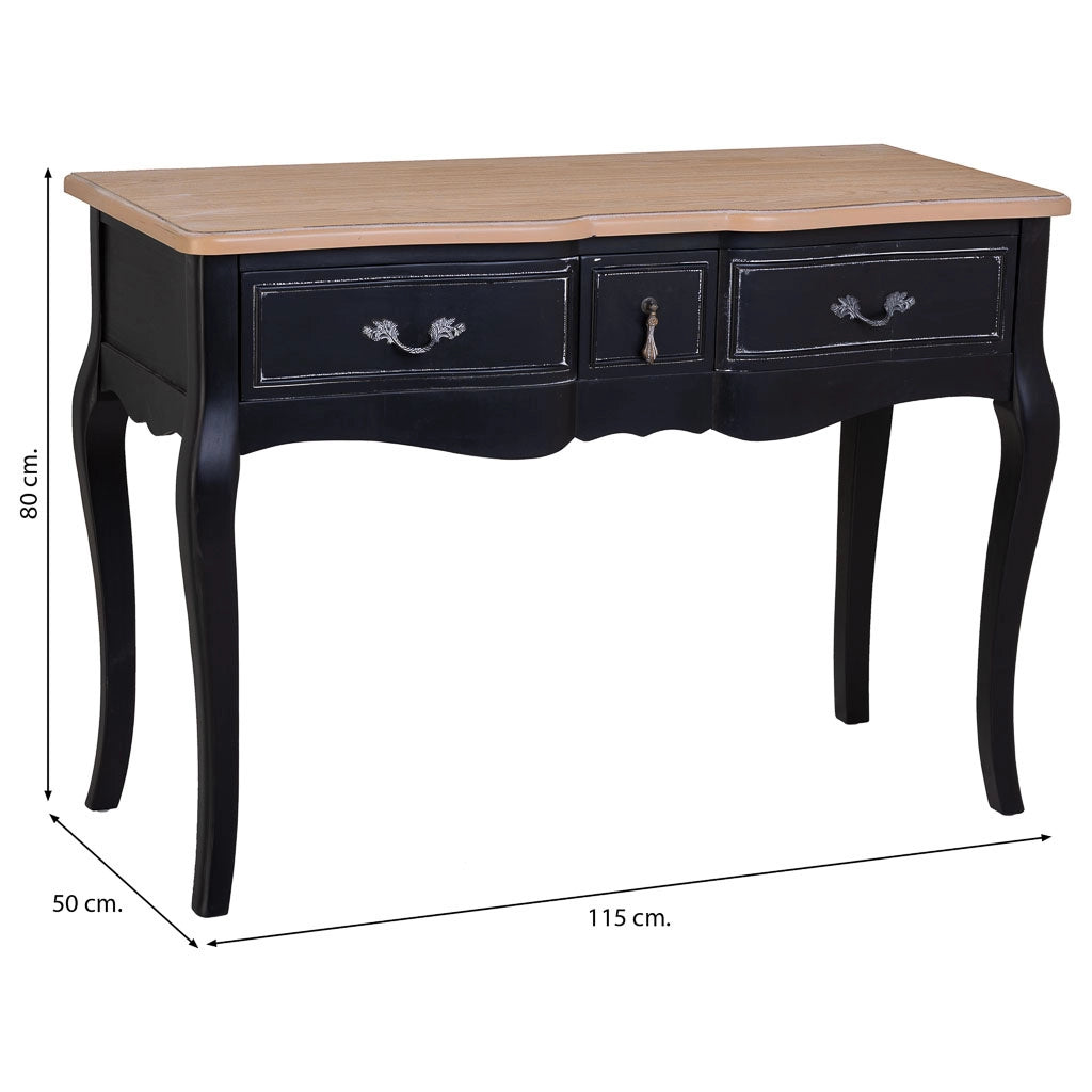 Console in legno laccato nero invecchiato con 3 cassetti 115x50x80h cm