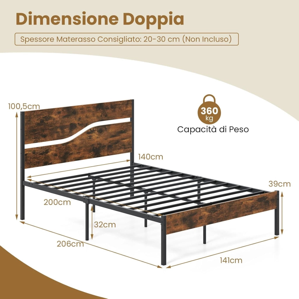 Letto Matrimoniale 140 x 200 cm, Struttura Letto in Metallo Industriale con Testiera e Pediera in Legno, Silenzioso, Carico Massimo 360 kg