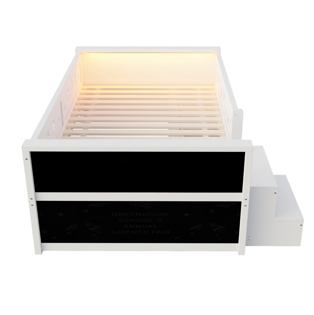 Letto multifunzionale per bambini 90 x 200 cm bianco con LED, lavagna e cassetti