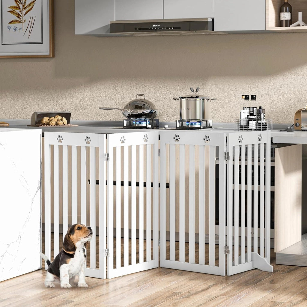 Cancelletto per Cani Pieghevoli 204 x 90 cm, Barriera per Cani in Legno a 4 Pannelli con Piedini Stabili, Recinzione per Scale, Ingressi e Corridoi (Bianco)