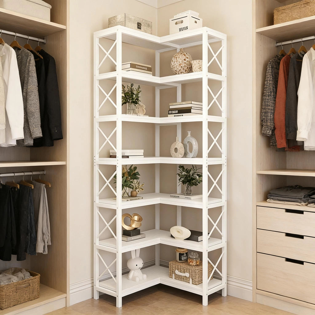 Scaffale angolare industriale a 7 livelli con 14 scomparti, metallo e legno, bianco