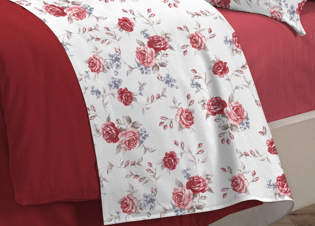 Completo Lenzuola Letto 100% Cotone Made Italy 3027 Disegno Sanderson - Piazza E Mezza - Rosso