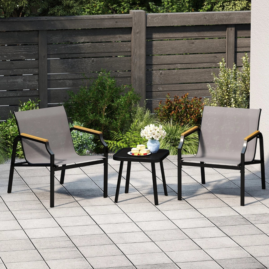 Set da giardino a 3 pezzi poltrona e tavolo, Sedile in tessuto traspirante e braccioli in legno-plastica Grigio