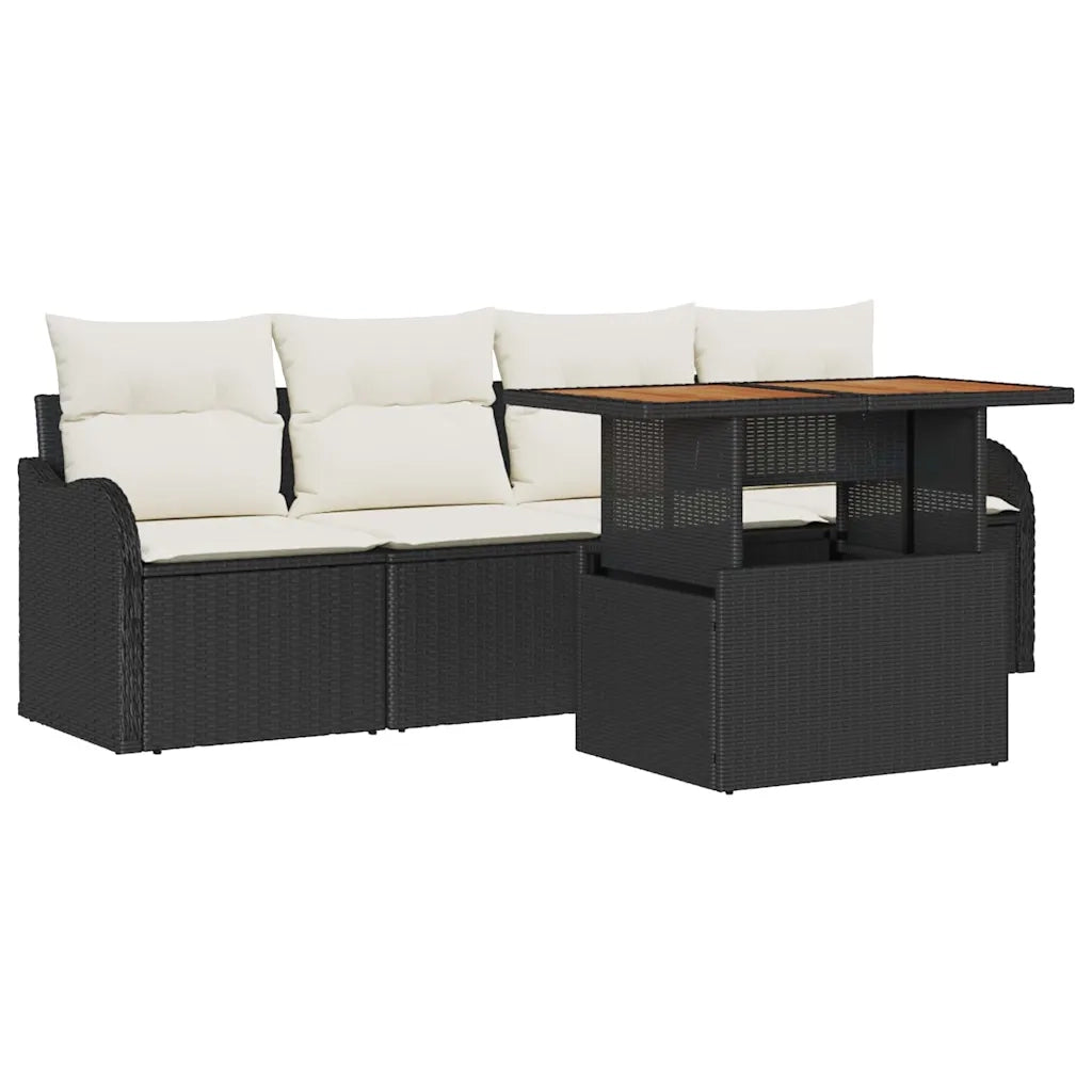 Set Divano da Giardino 5 pcs Nero e Crema polyrattan