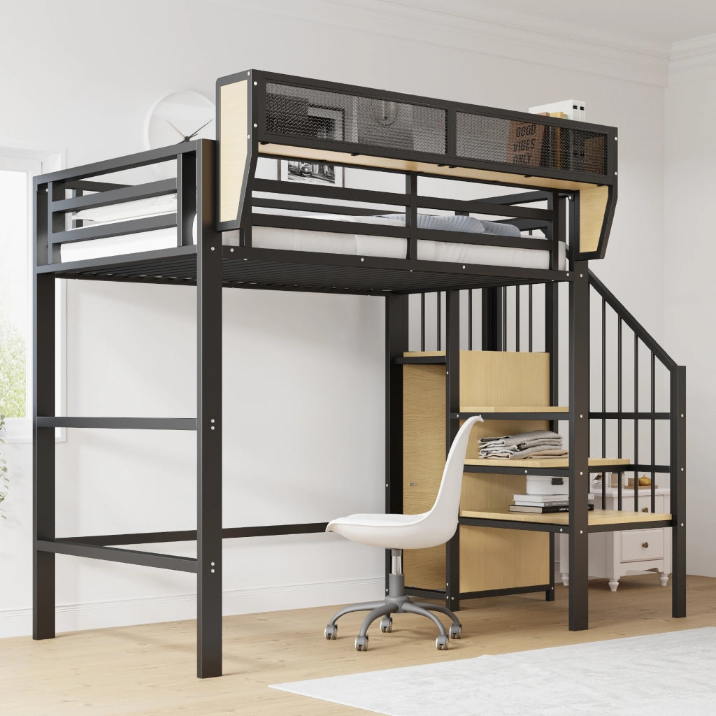 Letto a soppalco singolo 90×200 cm con scala di sicurezza e ripiano; senza materasso; metallo; nero