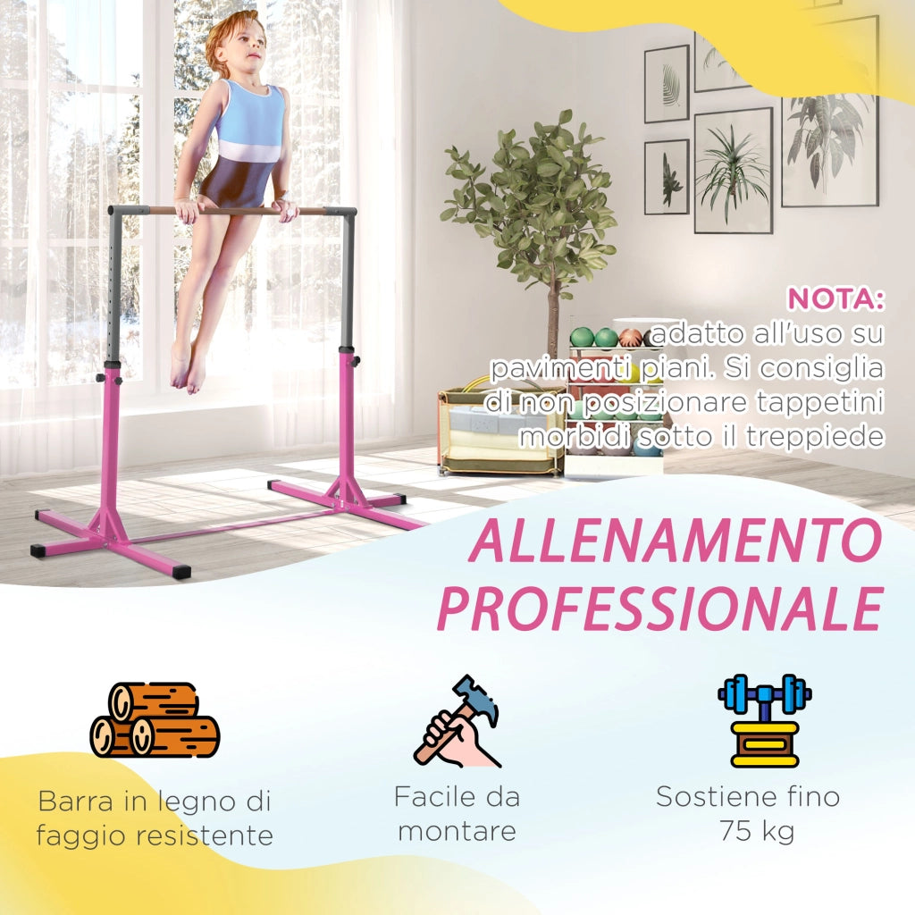 EasyComfort Barra da Ginnastica Artistica per Bambini 3+ Anni con Altezza Regolabile 92-150 cm, in Acciaio e Legno Massello di Faggio, Sbarra Orizzontali Danza Attrezzatura Palestra Antiscivolo, Rosa