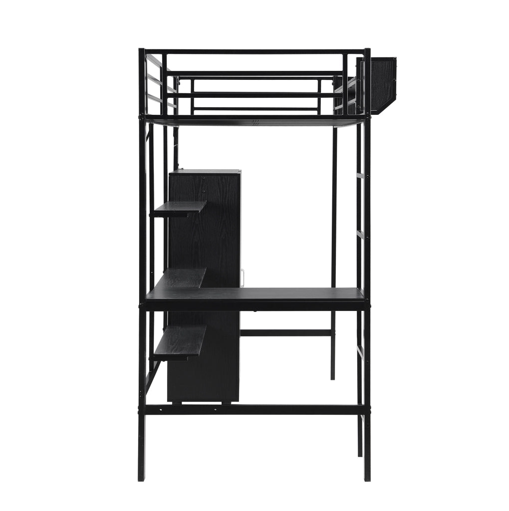 Letto a castello 90x200 cm con tavolo e armadio in metallo e pannello truciolare nero