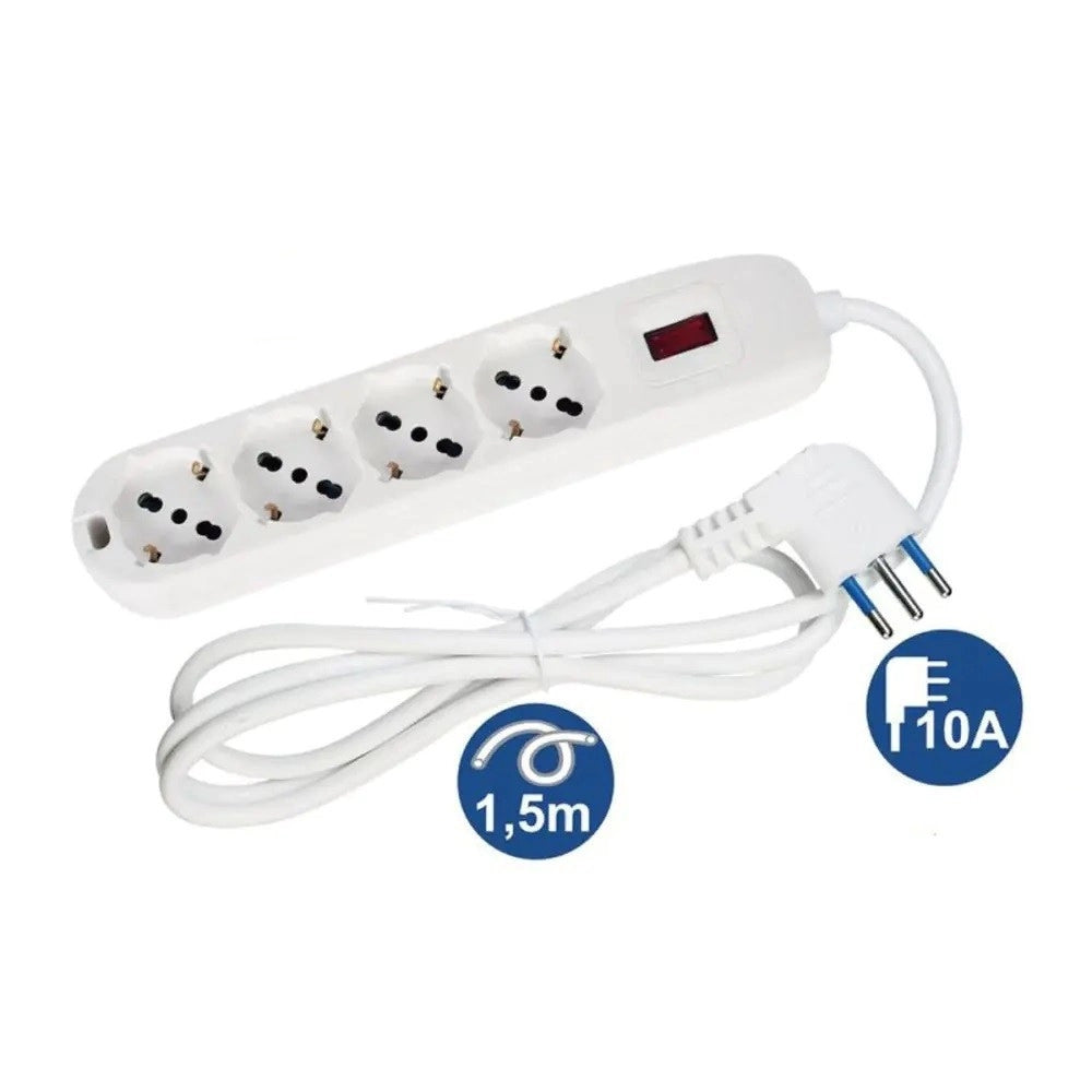 Trade Shop - Multipresa Ciabatta 4 Uscite Universali Spina 10a Cavo 1.5 Metri Bianco 80184n -