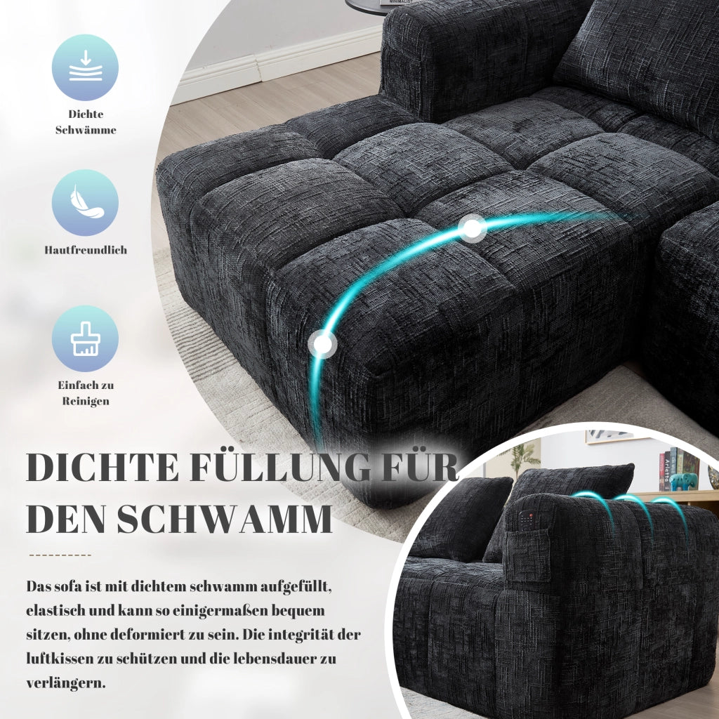 Divano Modulare con Chaise Longue 3 Posti con Cuscini e Tasche Laterali Comfort Nuvola in Ciniglia Nero