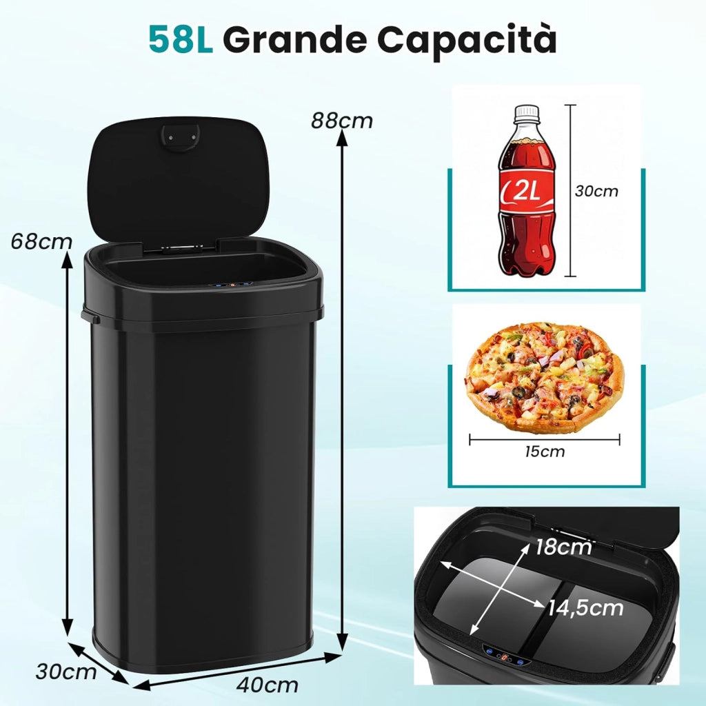 58L Pattumiera Differenziata, Cestino per la Spazzatura con Sensore di Movimento a Infrarossi e Design a Doppia Zona, Bidone Automatico Senza Contatto per Cucina, Ufficio e Soggiorno