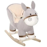 Cavallo a Dondolo per Bambini 18-36 Mesi, Cavalluccio a Dondolo a Forma di Asino con Suoni Realistici in Legno di Pioppo e Peluche, Grigio