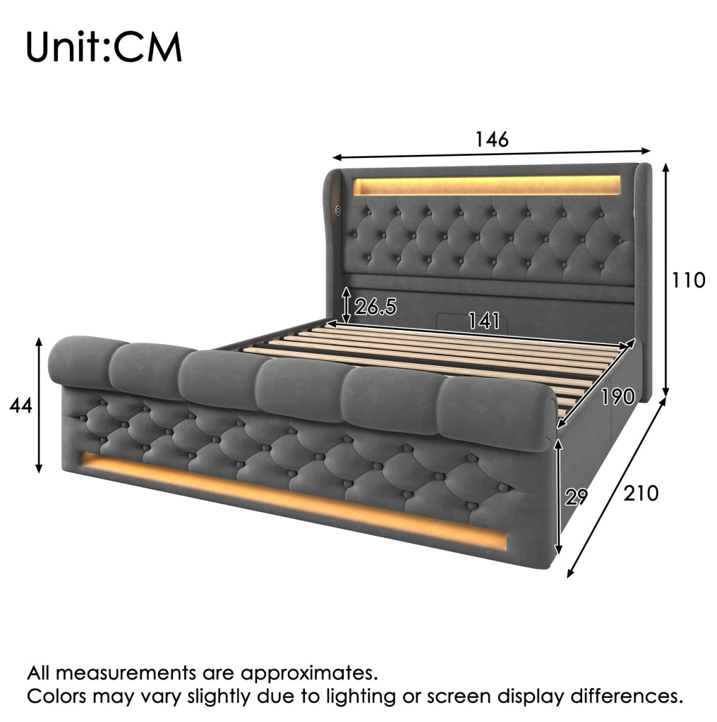 Letto matrimoniale imbottito 140x190 cm in velluto grigio con LED; ricarica USB e Type-C; contenitore idraulico