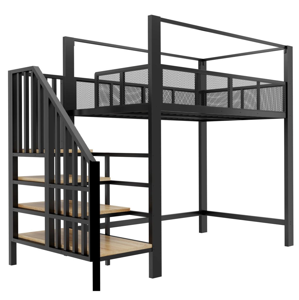 Letto a soppalco 90x200 cm con scala e baldacchino in metallo nero