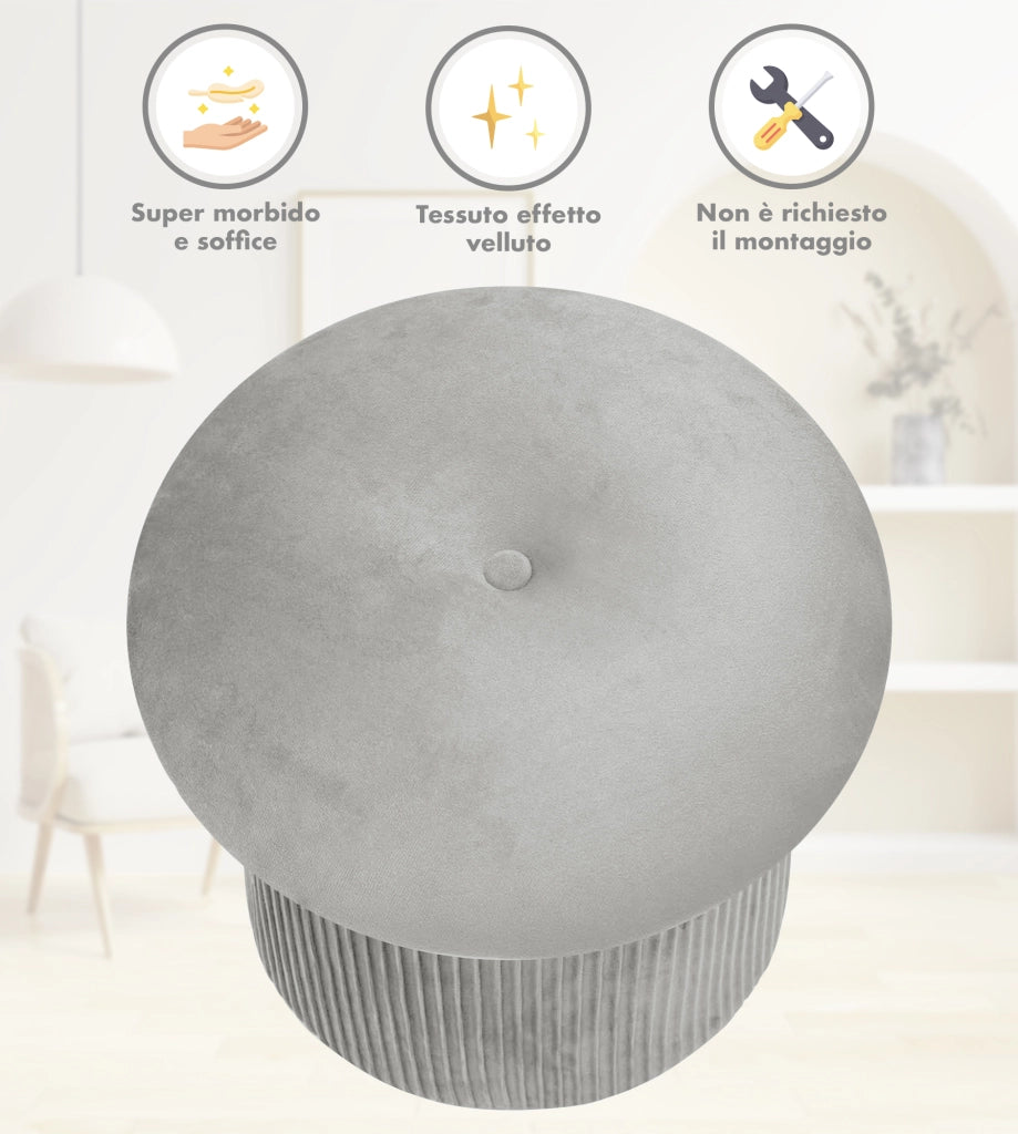 Pouf Contenitore in Velluto a Forma di Fungo – Poggiapiedi e Seduta Moderna 38x44 cm, Design Elegante Disponibile in 4 Colori Grigio