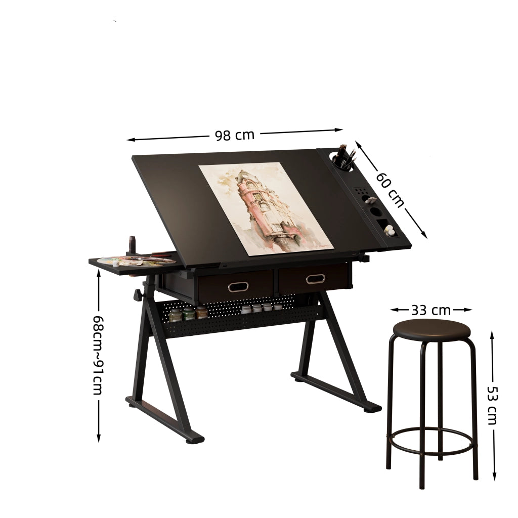 Scrivania da disegno con piano inclinabile, 2 cassetti e sgabello per studio nero