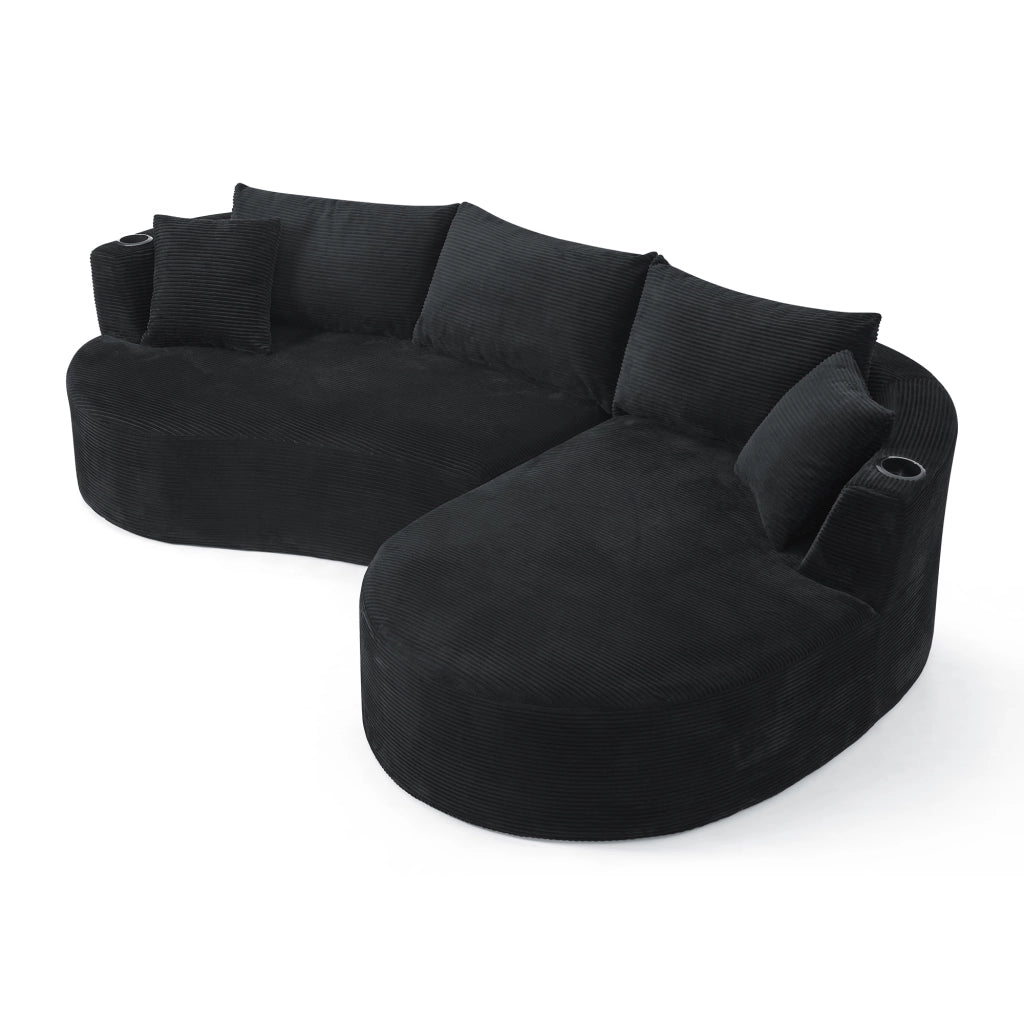 Divano Angolare 3 Posti con Chaise Longue ¨C MINIMAL ¨C Velluto a Coste, Nero, con Cuscini