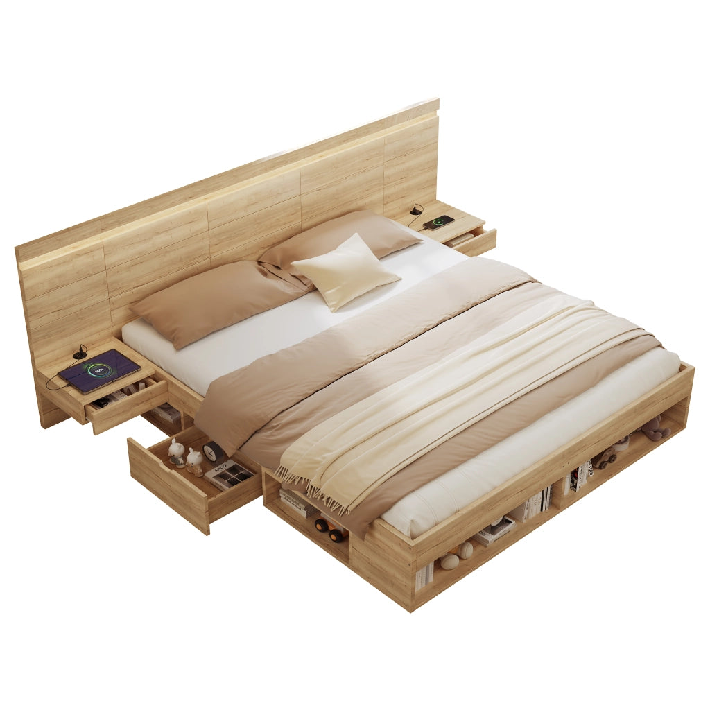 Letto matrimoniale 180 × 200 cm con contenitore, USB e Type-C, LED, 2 comodini integrati, senza materasso, MDF, naturale