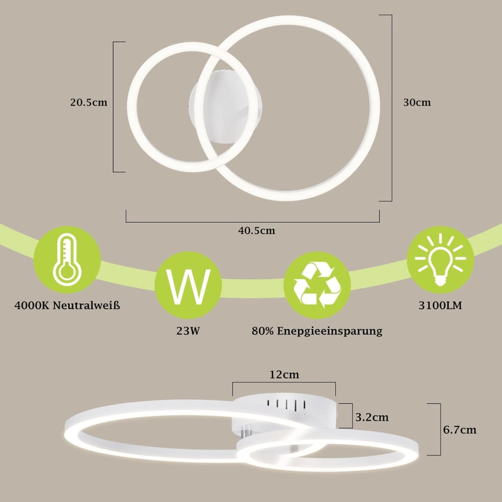 ZMH Plafoniera moderna 2 anelli LED bianca 23W 4000K per soggiorno cucina camera da letto ufficio