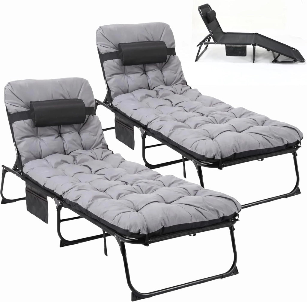 Set di 2 lettini XL pieghevoli con cuscino impermeabile, ampia sdraio pieghevole con schienale regolabile, cuscino laterale, 190 x 68 x 31 cm, grande sdraio da giardino per balcone fino a 150