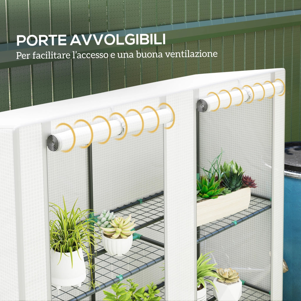 Serra da Giardino  144x48x142-152 cm con 2 Porte Avvolgibili 3 Ripiani e Tasche Laterali in PE Bianco e Grigio