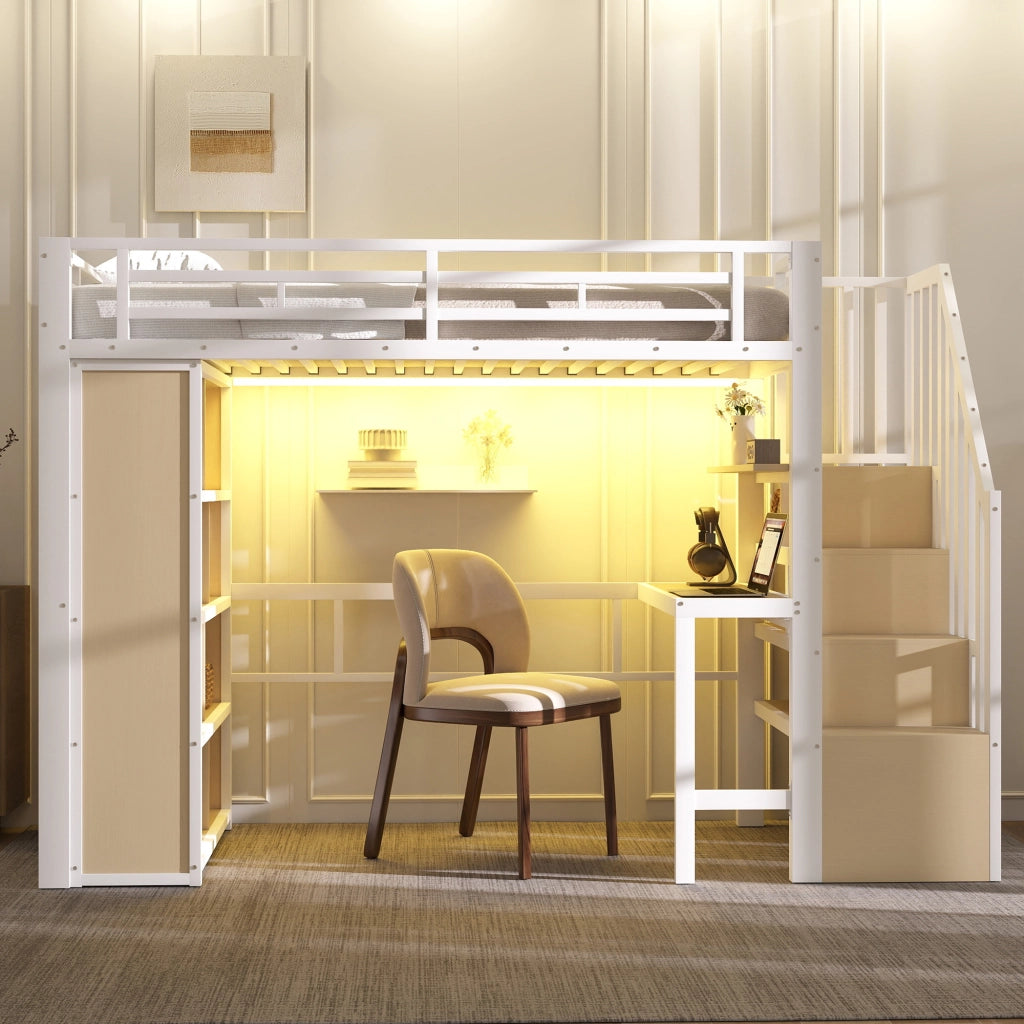 OKWISH Letto a soppalco 90×200 cm, Letto Singolo con Scrivania, Mensole, LED Regolabile e Scala con Contenitore, senza Materasso, Bianco