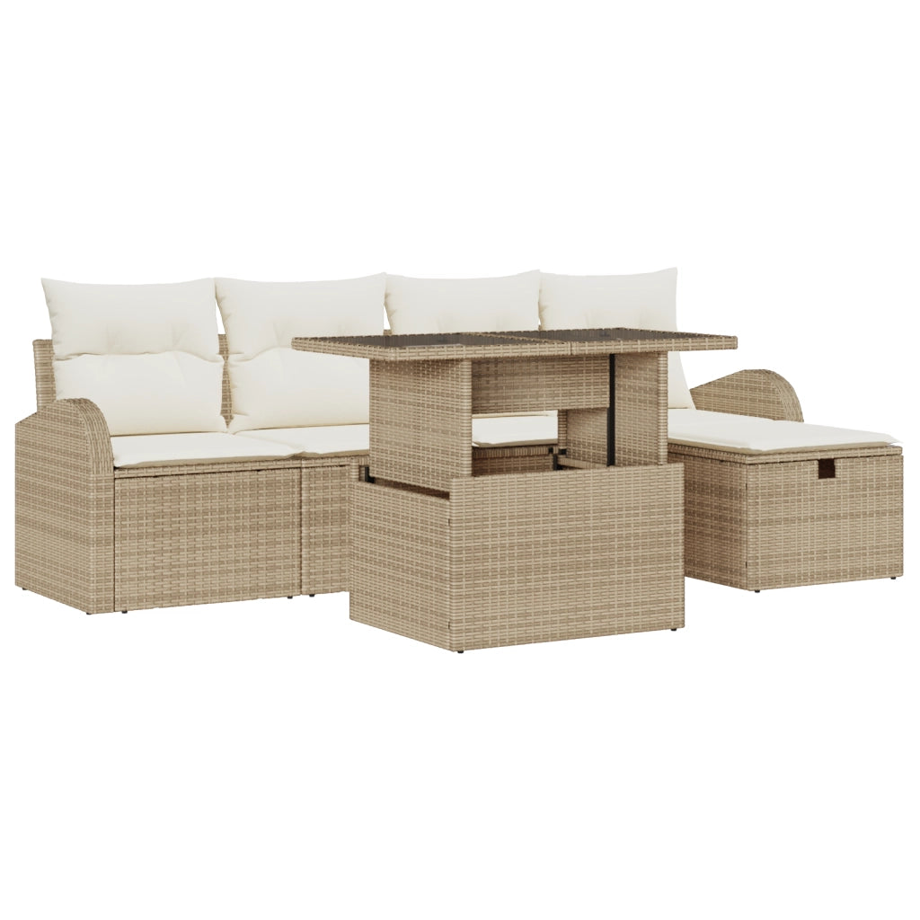 Set Divano da Giardino a 6 Pezzi con Cuscini Beige Rattan Poliestere