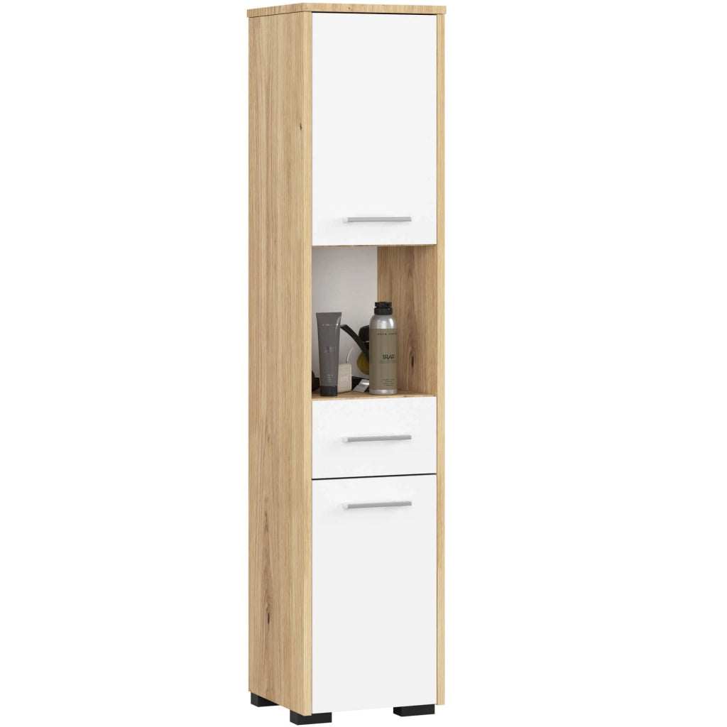 Colonna da bagno AKORD FIN Quercia Artisan 30 cm 2 ante 1 cassetto inserto frontale Bianco 30x30x140 cm