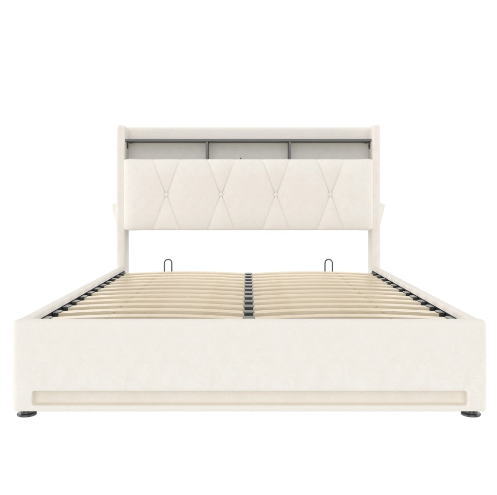 Letto matrimoniale 160x200 cm beige con LED, USB-C e contenitore